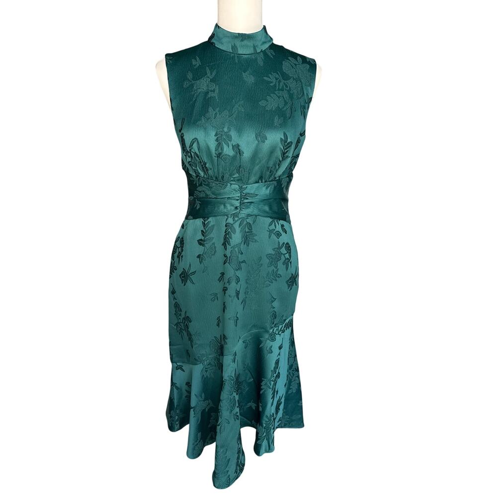 NEW Maggy London Green Floral Jacquard Midi Wedding Guest Dress Mock Neck Size 2